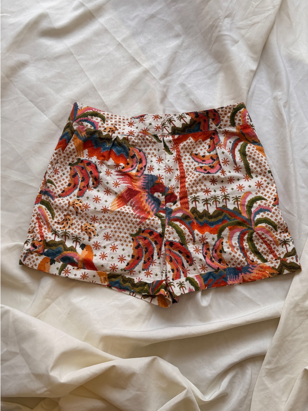 Farm for Anthropologie Cream Multicolor Abstract Print High-Rise Shorts